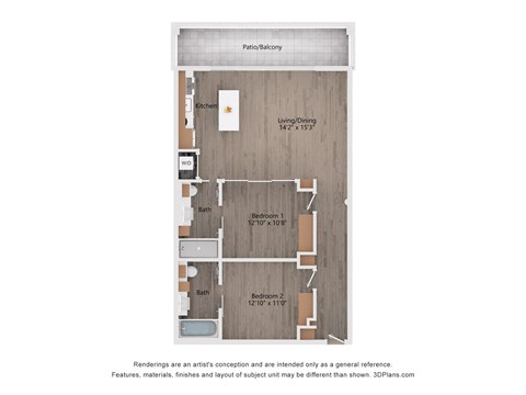 Floor plan for 2 beds, 2 baths, 1496 sqft